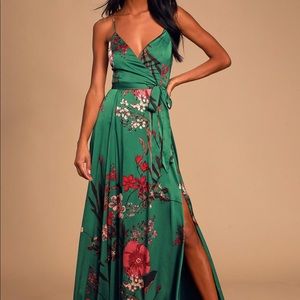 Lulus Still the One Emerald Green Floral Print Satin Maxi Dress